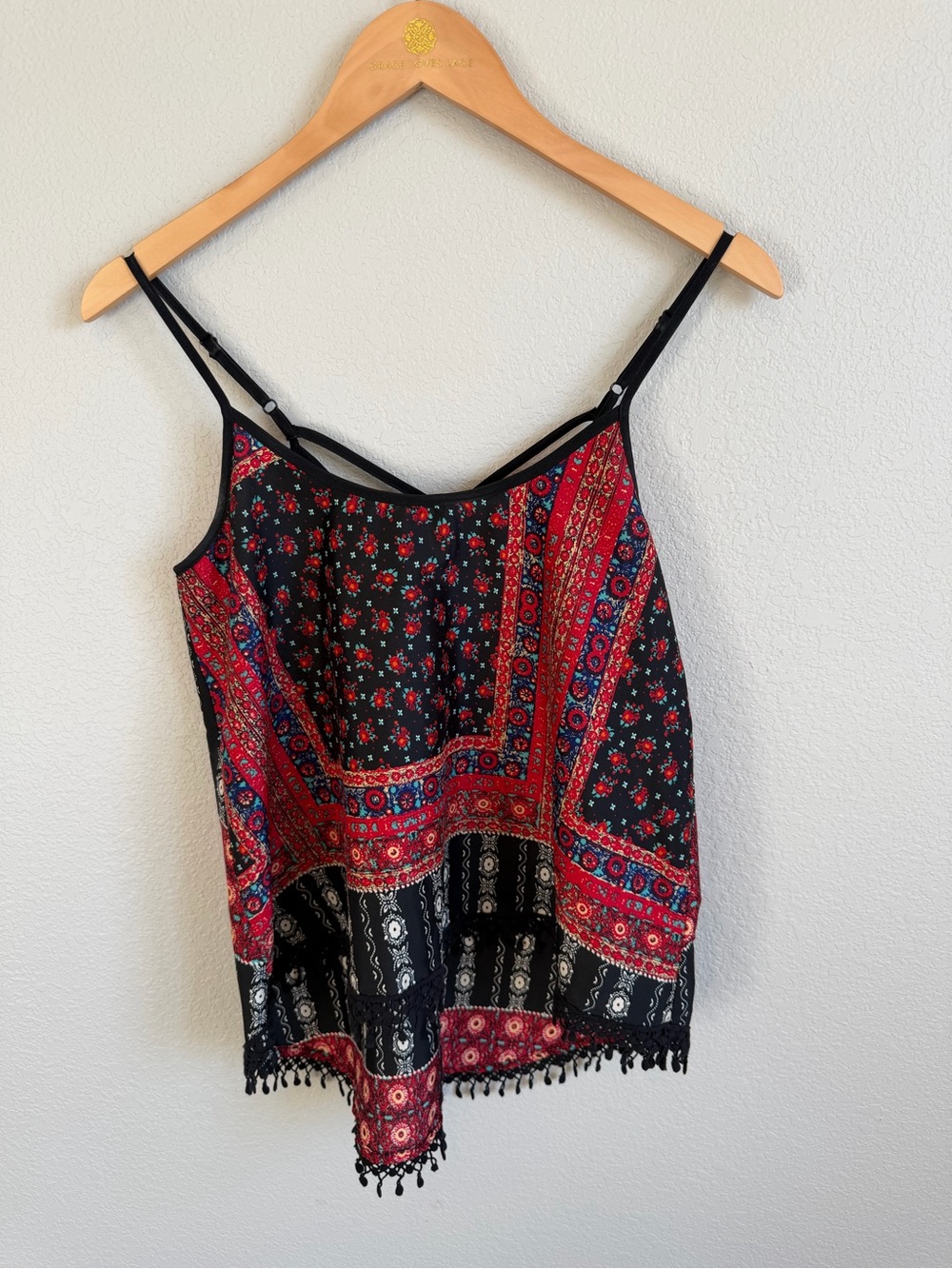 American Rag Black and Red Boho Print Fringe Tank